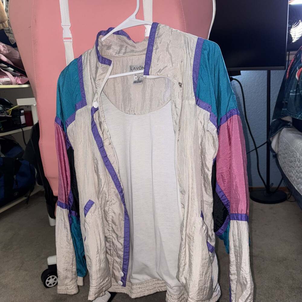 Vintage Lavon Windbreaker Women's White M 80s Bright Funky Colorful Vtg